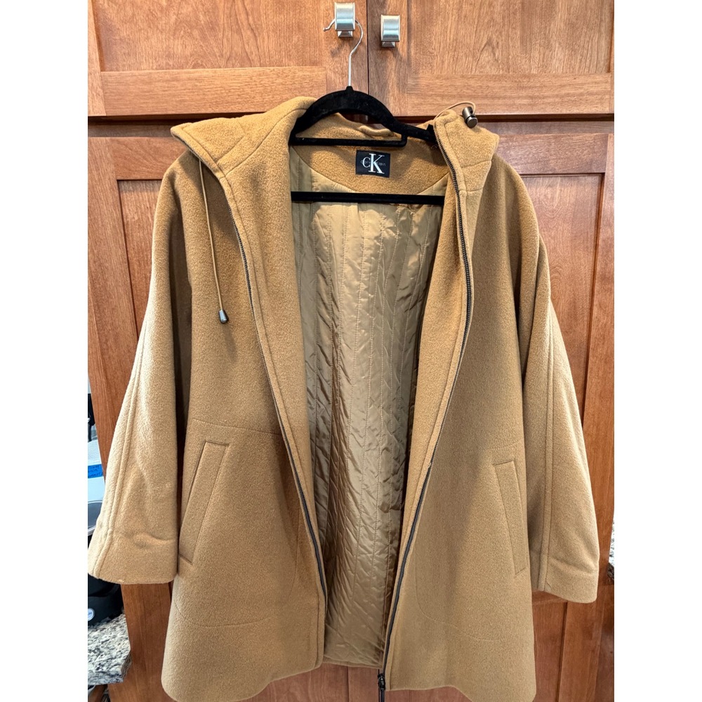 Calvin Klein Womens Wool Hooded Parka Coat Camel Tan Full Zip Large to XL